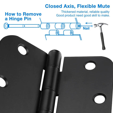 18 Pack Matte Black 4 Inch Door Hinges With Five Eighths Radius And Eight Holes shown with hammer and hinge pin removal guide