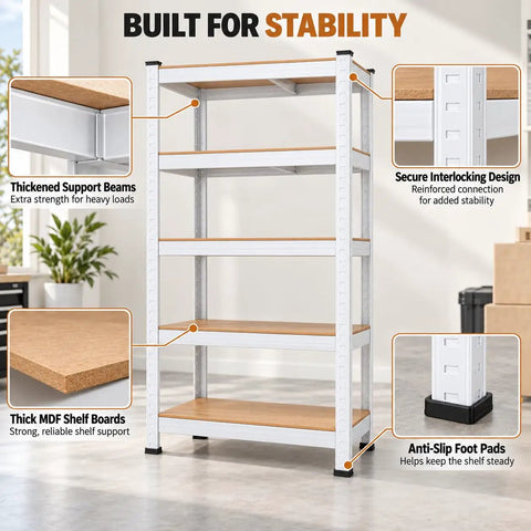 Heavy Duty 5 Tier Garage Shelving Unit With Adjustable Steel Frame And Reinforced MDF Boards Built Like A Tank To Carry Up To 2000 Pounds, showcasing thick MDF shelf boards and support beams for stability.