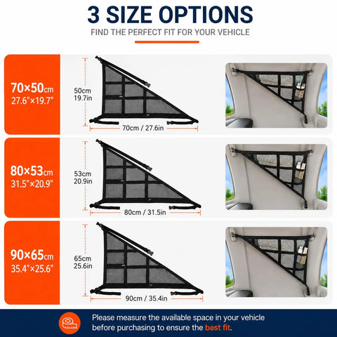 BMW Ceiling Cargo Net Organizer For 5 Series E39 E60 F10 G30 G60 Cars showing three size options attached inside vehicle