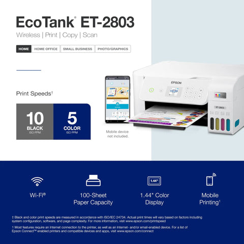 EcoTank ET-2803 Cartridge-Free Supertank Color All-In-One Printer With Wireless Connectivity, Scan And Copy, AirPrint Support