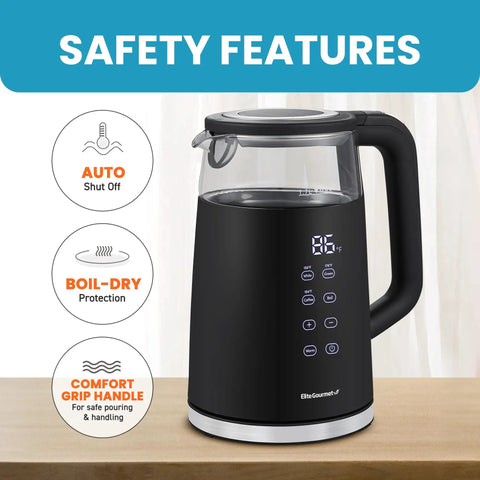 1.7L Dual Wall Electric Tea Kettle With Cool Touch Borosilicate Glass, 304 Stainless Steel Interior, Digital Touchscreen, Black
