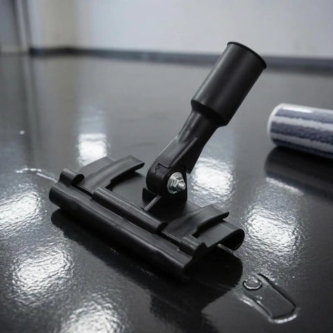 Floor Coating Roller Clamp Accessory With Metal Handle And Hinge Joint Rectangular Base Clamp Tool For Flooring Projects Workshop Tasks Contractor Jobs Home Renovation And DIY Setup black metal clamp on glossy floor