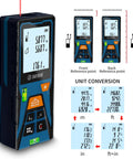 Solid Build Laser Distance Measurer With Glowing Backlit LCD And Precision Bubble Levels showing unit conversion and measurement display.