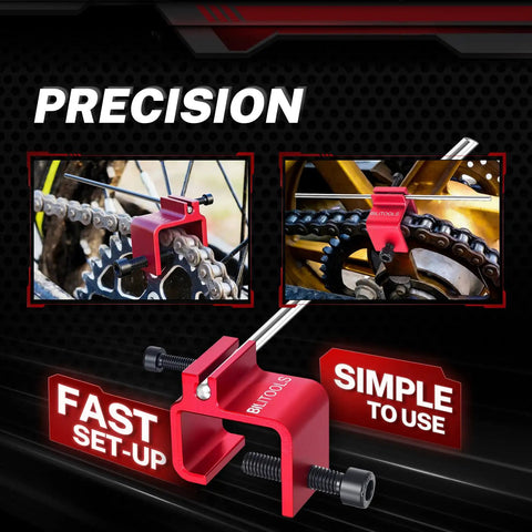 Aluminum Motorcycle Chain Alignment Tool for Quick Sprocket and Chain Alignment on Motorcycles ATVs Dirt Bikes Scooters shown in use