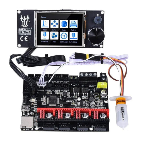 Heavy Duty SKR E3 DIP V1.1 32 Bit Motherboard Paired With TFT24 Touch Screen And TMC Silent Drivers showing connections and components for Ender 3 upgrade.