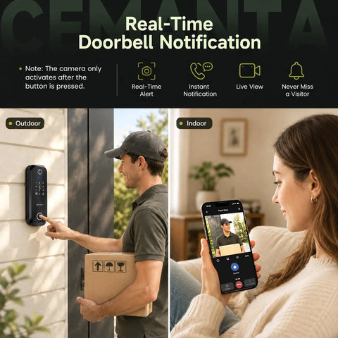 5 In 1 Smart Lock With Built In Camera And Doorbell, Keyless Entry Deadbolt, Wifi Enabled Electronic Lock For Home, Fingerprint Passcode Card Remote App Control, Rock Solid No Stress Security For Daily Grind with man using doorbell.
