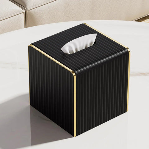 Black Square PU Leather Tissue Box Cover With Gold Tone Edging Luxury Vibe For Living Room Bedroom Bathroom Desk Or Office Coffee Table Decor That Feels Boss Level Dope on table