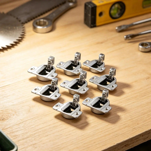 Replacement Cabinet Door Hinges Kit For Cupboards No-Drill Easy Install arranged on wooden surface