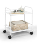 Sturdy White Two Tier Metal Rolling Utility Cart With Smooth Swivel Casters And Reinforced Steel Trays For Tight Quarters And Busy Desks, showcasing books and decorative items.