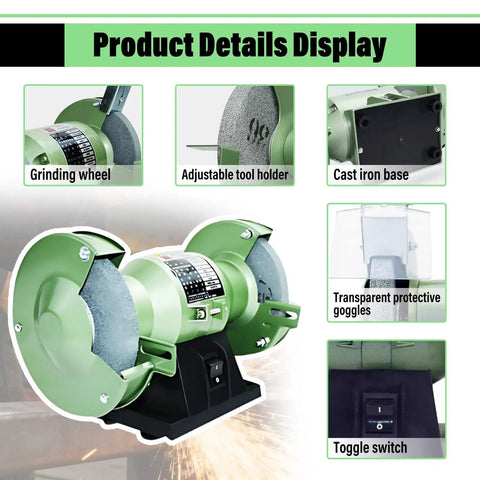 Zero Drama Dual Wheel Bench Grinder With Shielded Eye Guards And Integrated Electric Knife Sharpener showcasing grinding wheel and cast iron base.