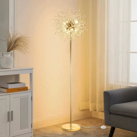 69 Inch Crystal Floor Lamp With K9 Crystals, Modern LED Standing Lamp On Off Foot Switch, Gold Finish Tall Metal Pole