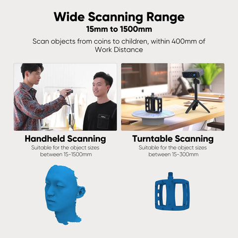 Badass Precision Handheld 3D Scanner With Smart Blue Light Sensors For Killer 3D Printing Models Using Frictionless Cleanup Plus Deep Scan Reach And Seamless Windows Mac Setup displaying handheld and turntable scanning options for various object sizes.