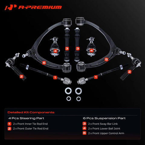 Complete 10 Piece Front Suspension Overhaul Kit for Chevrolet Silverado 1500 Tahoe and Suburban showing control arms, ball joints, and sway bar links.