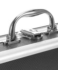 Rock Solid Hardcore Aluminum Rolling Tool Box With Secure Lock And Sturdy Grab Handle Lightweight Portable Design close-up of handle and lock mechanism