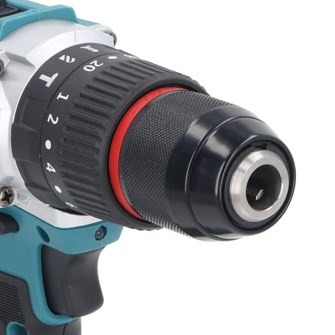 Close-up of Pro Workhorse 18V Cordless Drill featuring slip-free half inch chuck and adjustable torque settings.