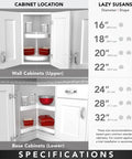 Slick Rotating Wooden Lazy Susan Perfectly Sized For Deep Corner Cabinets No Sweat DIY Mounting with size specifications.