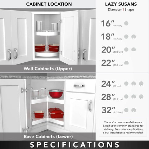 Slick Rotating Wooden Lazy Susan Perfectly Sized For Deep Corner Cabinets No Sweat DIY Mounting with size specifications.
