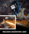 Premium 2 Pack Cheater Lenses For Welding Helmets With 2.0X Magnifying Power Designed To Make Your Arc Game Stronger Built Tough For All Day Grinding Without Skipping Steps Or Losing Clarity, shown with welding sparks and helmet.