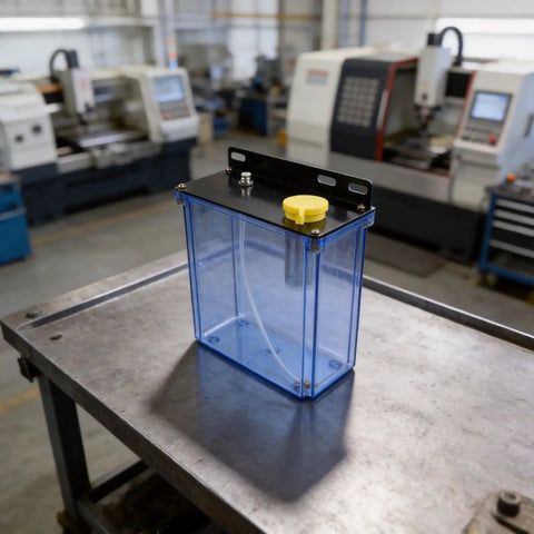 Sileduove 3L CNC Lubrication Water Box With Integrated Filter For Lathe Mill Drill Machine Low Pressure Spray Cooling System Oil Tank on a workbench.