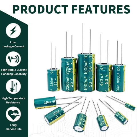 No Sweat Aluminum Electrolytic Capacitor Assortment Kit featuring various capacitor sizes 2200uF 25V to 470uF 50V for quick installs.