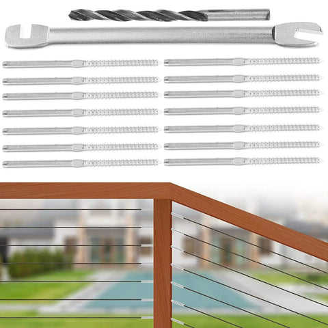 Cable Railing Kit For Deck And Stair With One Eighth Inch Compression Lag Screws In Stainless Steel Adjustable Tightness Wire