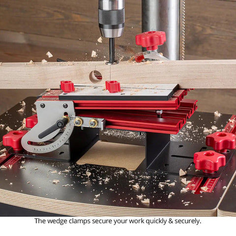 Dual Axis Angle Drilling Guide with Adjustable Fence and Clamp Table USA Made drill press jig demonstrating precise 90° drilling