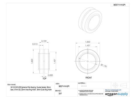 GE 30 ES-2RS Spherical Plain Bearing Double Sealed 30MM Bore 47MM OD detailed dimensions and diagrams for industrial machinery repair.