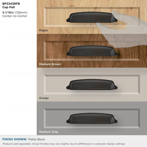 Top Shelf Matte Black Cup Pull Handle With No Hassle Mounting And Game Changing Grip For Smooth Kitchen Cabinet Refresh and Furniture Upgrade Featuring 5 16 Inch Center To Center Spacing on different wood finishes.