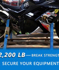 Motorcycle secured with Four Pack Ratchet Straps 1 Inch Wide By 16.4 Feet Long With 2200 Lb Break Strength And Sturdy Metal Hooks