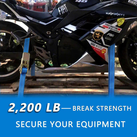 Motorcycle secured with Four Pack Ratchet Straps 1 Inch Wide By 16.4 Feet Long With 2200 Lb Break Strength And Sturdy Metal Hooks