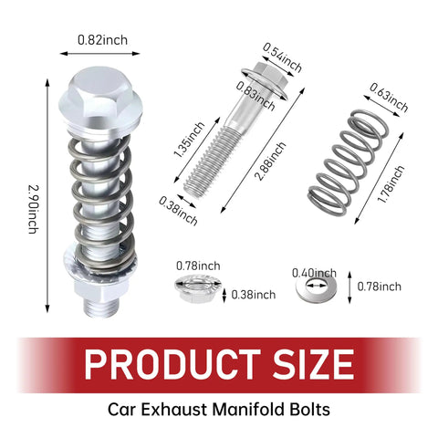 Heavy Duty M10 Exhaust Manifold Bolts And Spring Nuts Kit Heat Crush Proof Carbon Steel Fasteners For Cars Trucks Suv, detailed dimensions shown.