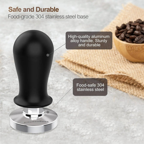 53mm Espresso Calibrated Tamper With Spring Loaded Handle showing aluminum alloy handle and stainless steel base