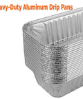 Heavy Duty Aluminum Foil Grill Drip Pans 20 Pack Kickass Grease Catcher Trays stacked for outdoor cooking, 7 x 3.5 x 1.5 inches.
