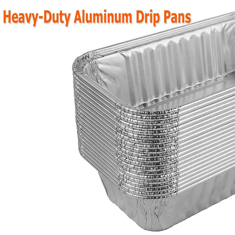 Heavy Duty Aluminum Foil Grill Drip Pans 20 Pack Kickass Grease Catcher Trays stacked for outdoor cooking, 7 x 3.5 x 1.5 inches.