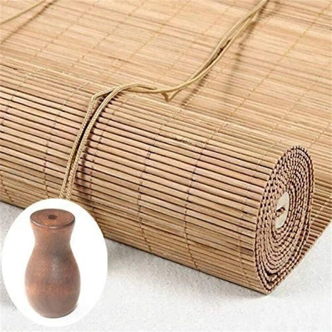 Slick Wood Window Blind Cord Knobs 12 Pack Brown Vase Shape Curtain Rope Pull Ends And Shade Drop Caps showing rolled bamboo mat with wood knob.