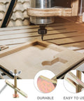 Two Sets Bow Shaped CNC Engraving Hold Down Clamps Kit Aluminum Alloy And Steel Router Workholding Fixtures 80mm Heavy Duty Clamp Set For CNC Milling And Woodworking Tables Pro Grade shown with CNC router and wooden workpiece.