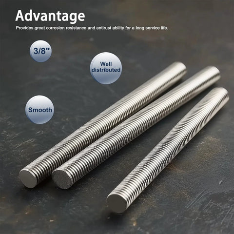 Three HiPicco 3/8-24 stainless steel threaded rods, 12 in length, right-hand fine thread