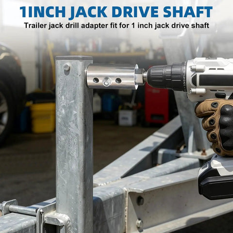 Heavy Duty Trailer Jack Drill Adapter For 1 Inch Cordless Shafts And Half Inch Square Drive attached to jack drive shaft.