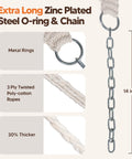 Close-up of 3 ply twisted poly-cotton ropes with extra long zinc plated steel O-ring and 14-inch chain for hammock setup.
