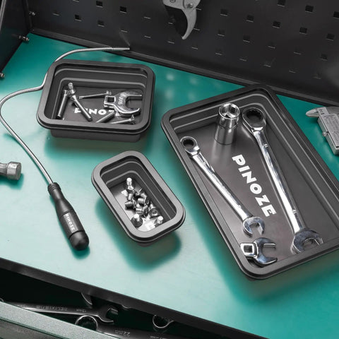 Collapsible Magnetic Parts Tray Organizer Set With 12 Inch Flexible Magnetic Pickup Tool Garage Ready on workbench