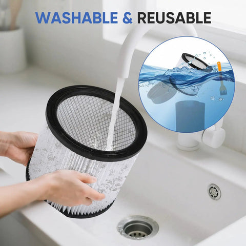 Replacement Cartridge Filter For 5 Gallon And Larger Wet Dry Vacuums being washed in a sink, showing washable and reusable feature.