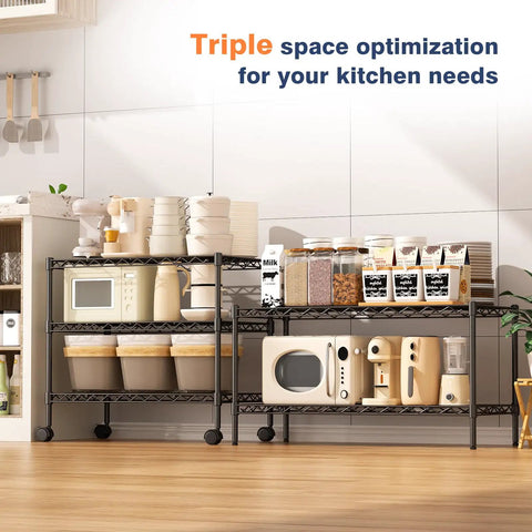 Two Tier Wire Shelving Unit, Adjustable Heavy Duty Metal Storage Rack With Smooth Rolling Caster Wheels, Black Garage Organizer Built Tough For Tools Kitchen Gear Or Books, No Sweat Setup That Stacks High Without Fuss, showcasing kitchen storage.
