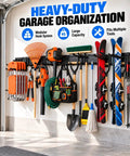 Hella Sturdy Garage Tool Organizer Wall Mount With Rock Solid Heavy Carbon Steel Frame 66 Inch holding various garden tools and skis.
