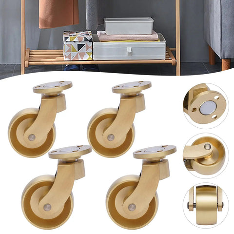 Universal Antique Brass Stem Casters Four Pack features smooth rolling wheels for furniture, showing details and angles.
