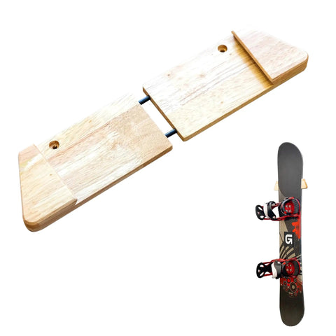 Sturdy Solid Wood Snowboard Rack Wall Mount For Home Or Garage Featuring Adjustable Width And Tight Grip Supports Holding Up To Thirty Pounds Hella Smooth Gear Storage with snowboard attached.