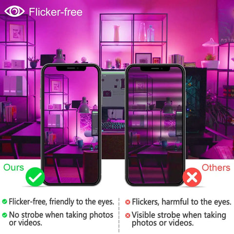 Comparison of Smart Bluetooth RGB LED Flood Lights Outdoor And Indoor App Controlled Spotlight and flickering lights shown on phones.