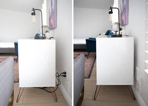 Before and after using Ultra Thin Outlet Concealer Kit For Hidden Outlets And Cord Management behind a cabinet, showing neat cord concealment.