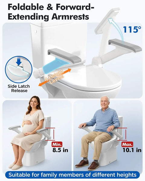 Built Tough Flip Up Toilet Safety Rails With Smooth 115 Degree Swing And Reliable Four Level Height Adjustments shown with foldable armrests.