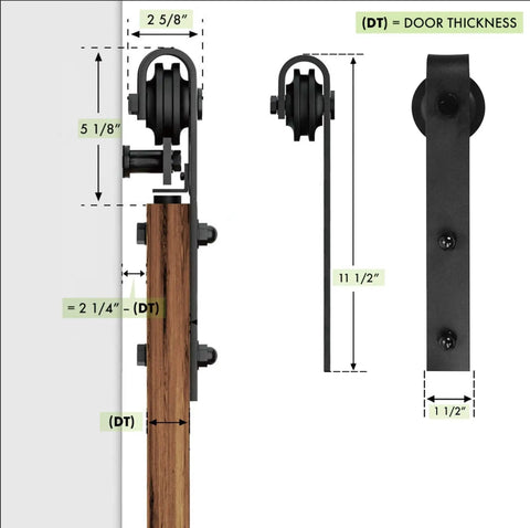 Straight Up No Hassle Sliding Double Barn Doors With Slick Stainless Rail Kit And Heavy Duty Hardware Set For Easy Install - hardware measurements and details.