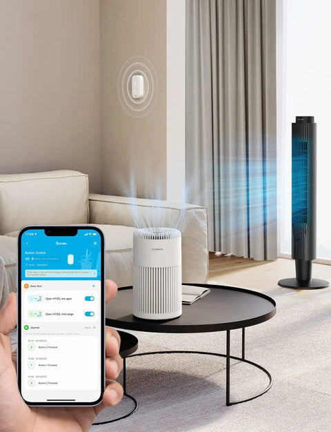Living room setup showing Smart Mini Double Button Switch for One-Touch Control with air purifier and fan automation